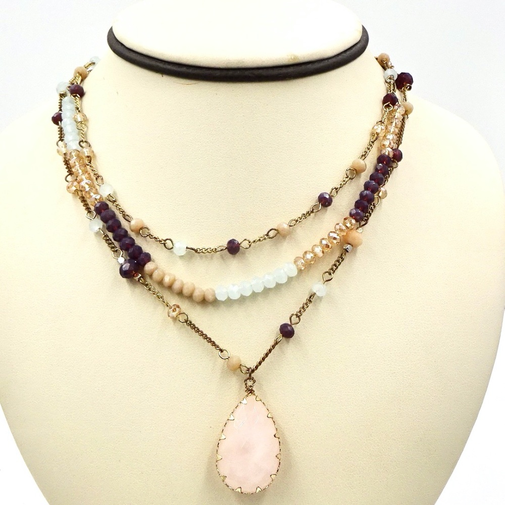 TRIPLE STRAND ROSE QUARTZ CRYSTAL DROP NECKLACE